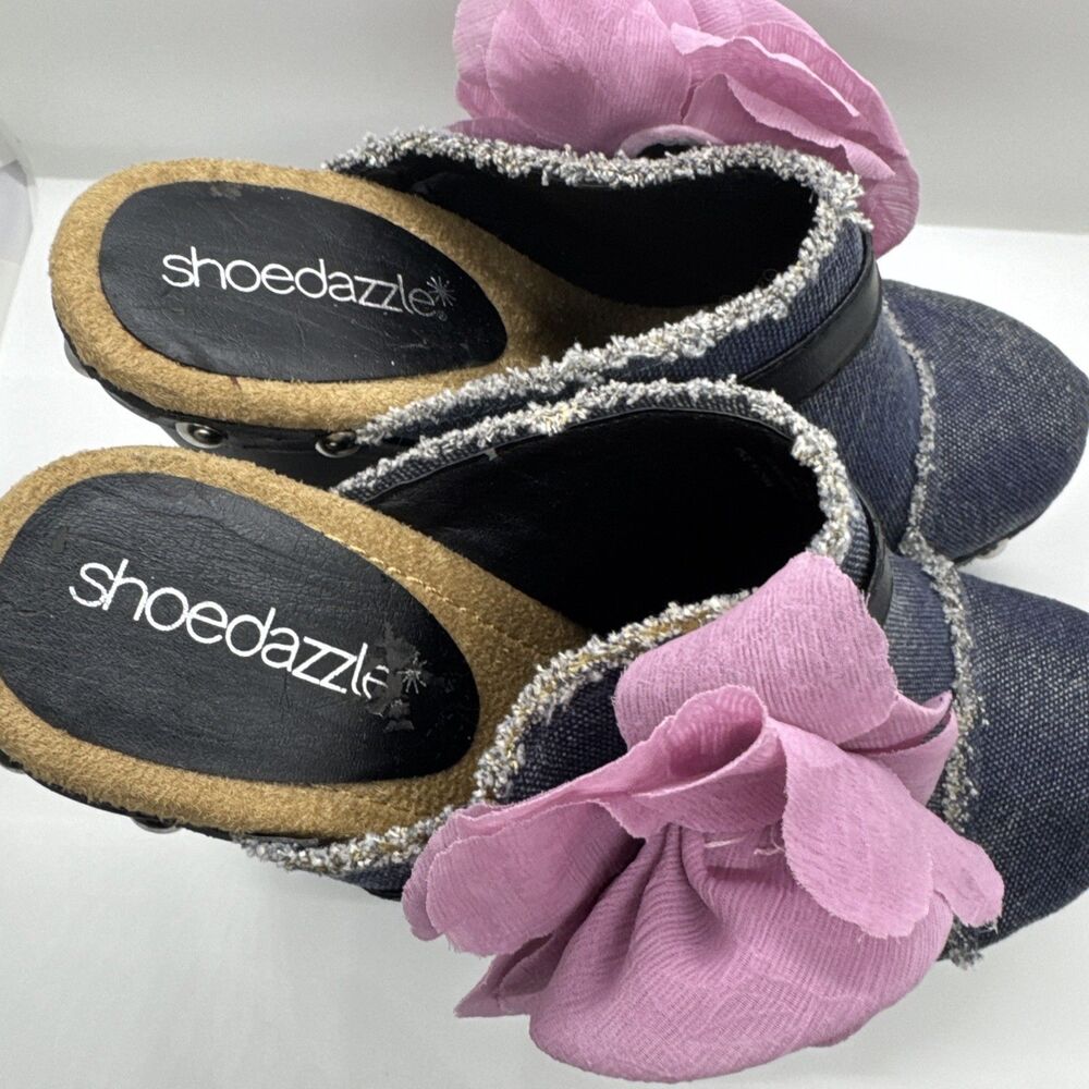 ShoeDazzle Women’s Denim Mule Clogs Pink Flower Platform Heels Studded Size 7 - Picture 5 of 11